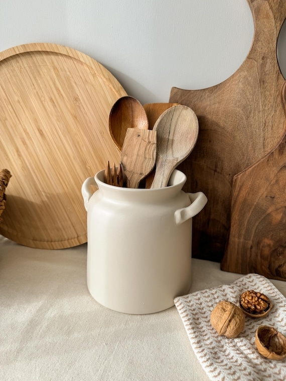 Minimalist Ceramic Crock, Matte Beige Finish with Small Ear Handles