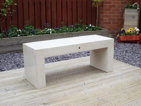 Minimalist Concrete Bench Waterfall Edge Fossil Inlay Off-White