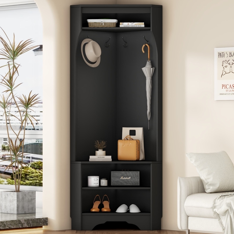 Minimalist Corner Hall Tree with Arched Side Panels and Shoe Bench