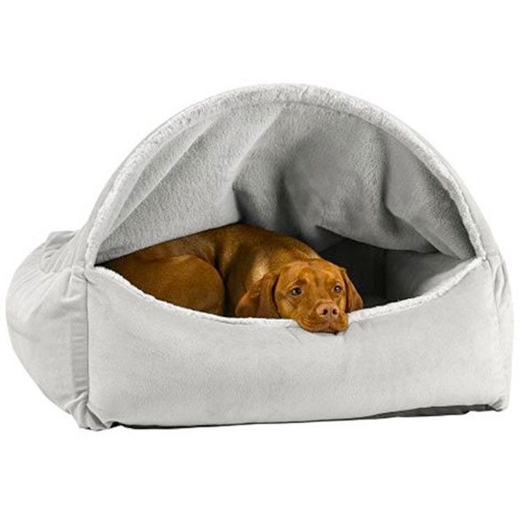 Minimalist Grey Pet Bed with Hooded Canopy and Plush Fleece Lining