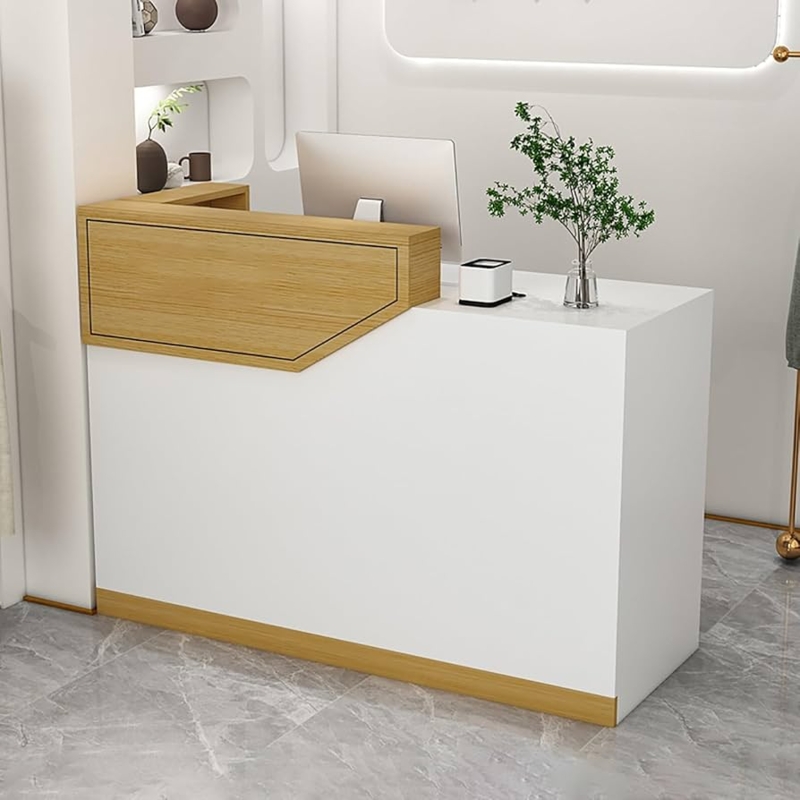 Minimalist Reception Desk with Geometric Wood Shelf, Matte White