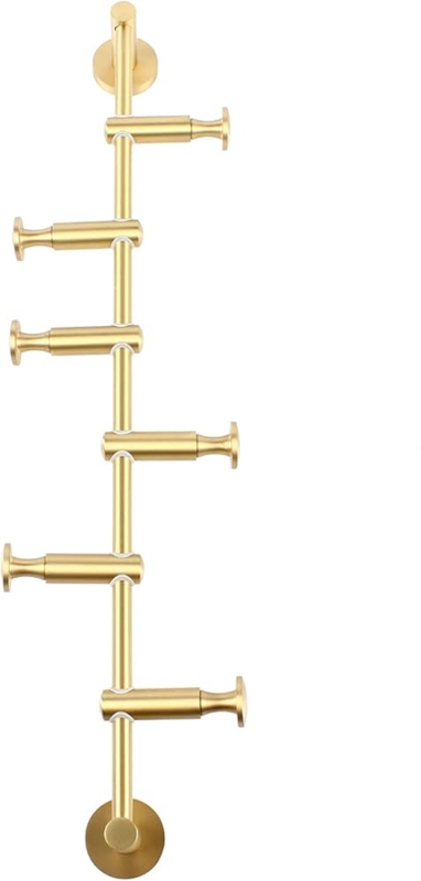 Minimalist Wall Coat Rack with Six Staggered Brushed Gold Pegs