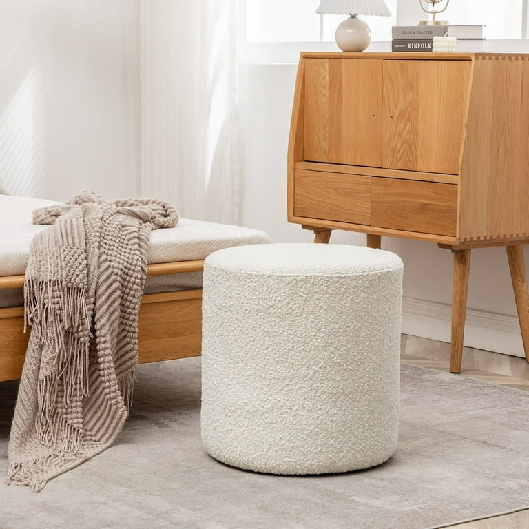 Minimalist White Boucle Pouf Ottoman Cylindrical Footrest