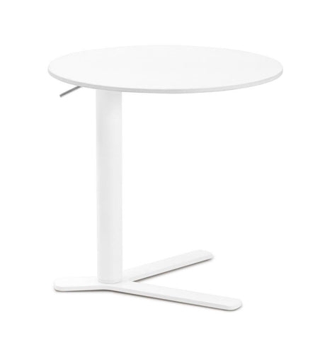 Minimalist White Round Side Table with Offset Pedestal and Three-Prong Base