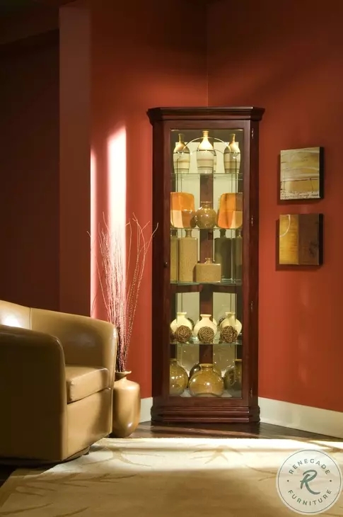 Mirrored Back Corner Curio Cabinet with Interior Lighting and Cherry Finish