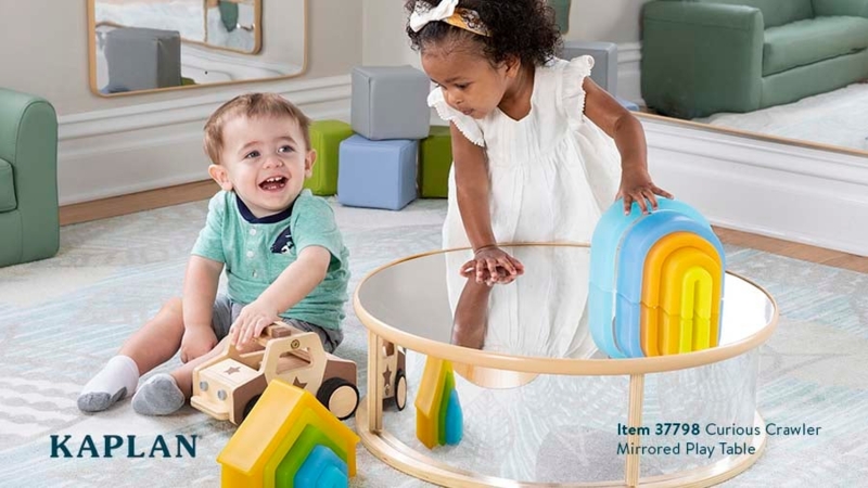 Mirrored Play Table with Round Wood Frame for Sensory Exploration