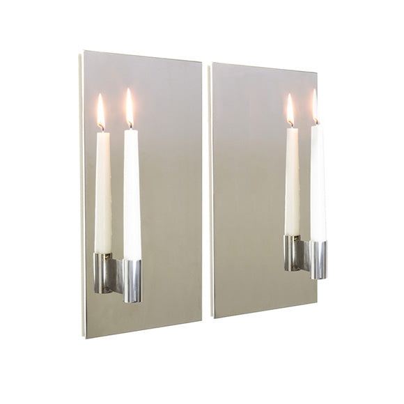 Mirrored Wall Sconce Pair Polished Double Taper Holders