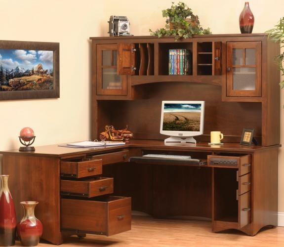 Mission Style Corner Desk with Hutch in Cherry Brown with File Slots