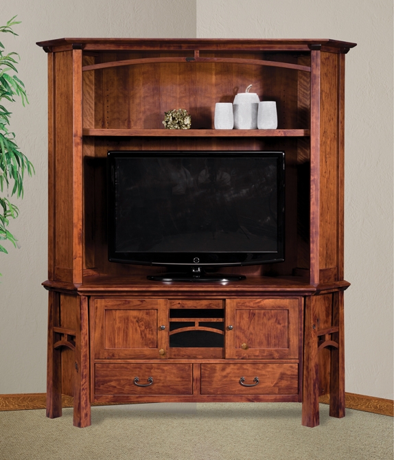 Mission Style Corner Hutch Arched Top Reddish Brown Wood