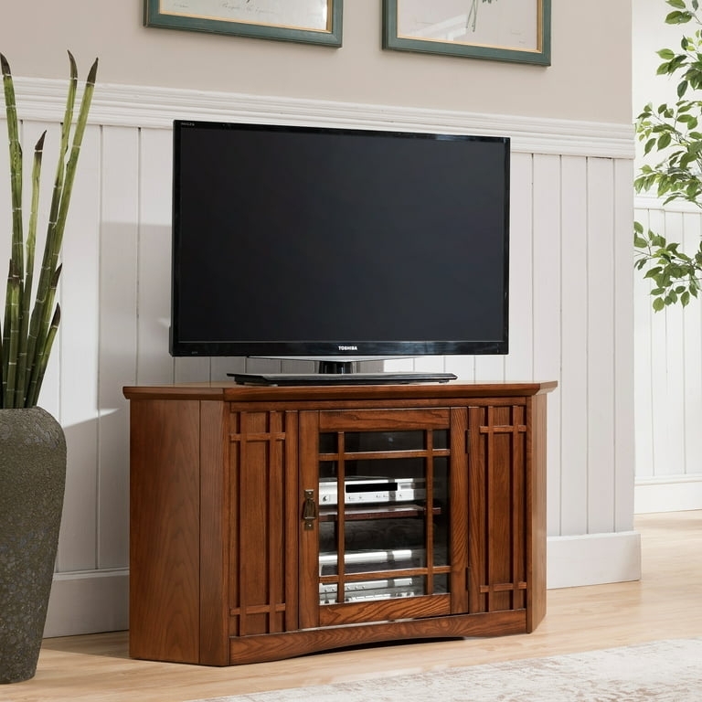 Mission Style Corner Media Console Honey Oak with Glass Door