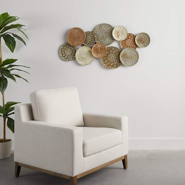 Mixed Metal Wall Art Overlapping Discs Etched Floral Motifs