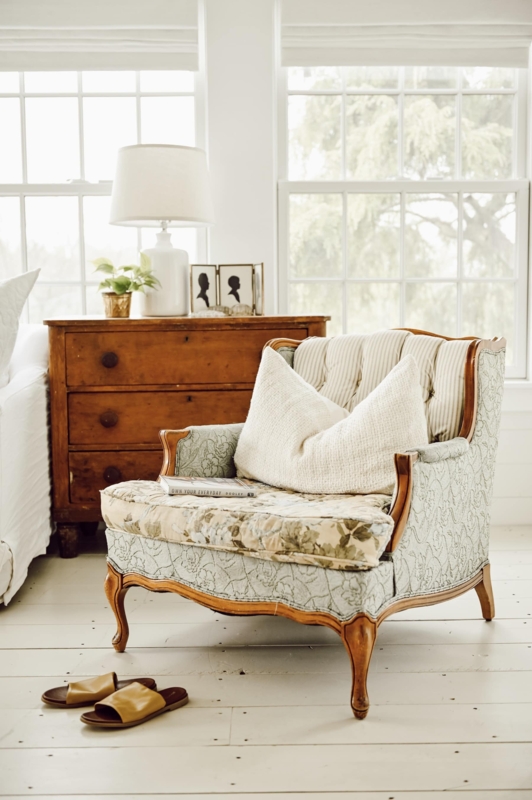 Mixed Pattern French Country Accent Chair with Distressed Frame