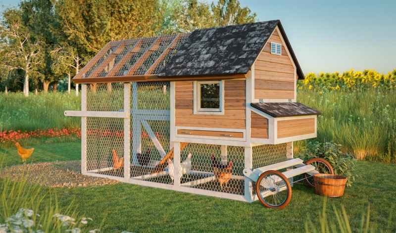 Mobile Chicken Tractor Plans featuring Spoked Wheels and Warm Wood Finish