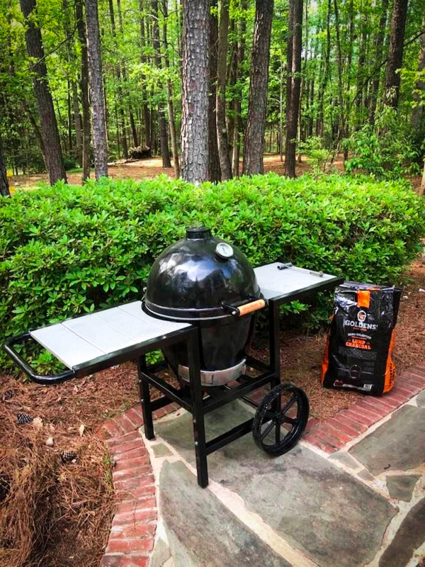 Mobile Kamado Grill Cart Spoked Wagon Wheels Dual Prep Shelves
