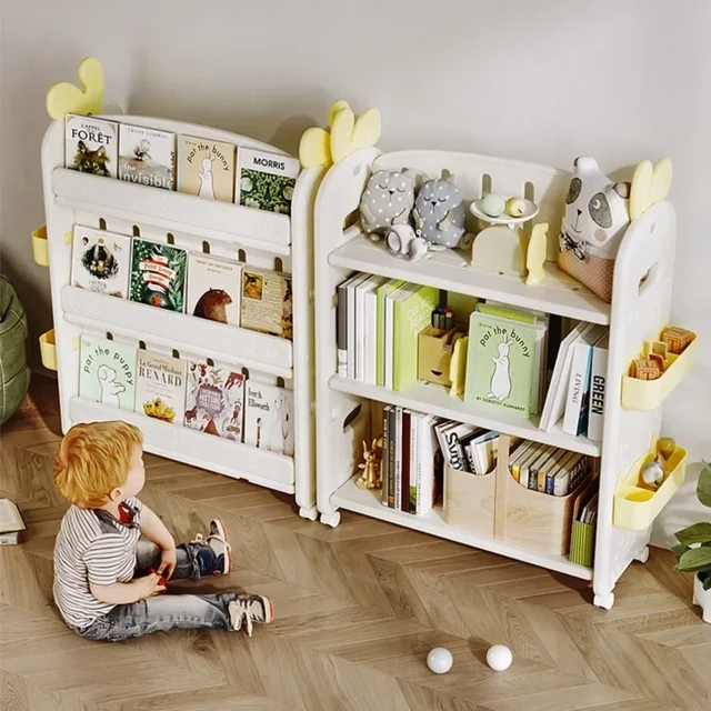Mobile Nursery Bookshelf with Double Sided Storage and Leaf Toppers