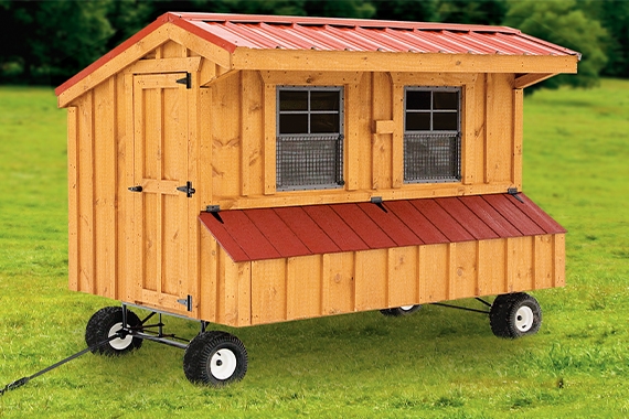 Mobile Quaker Chicken Coop Wheeled Chassis with Red Metal Roof
