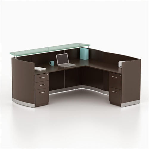 Mocha L-Shaped Reception Desk with Raised Glass Accent