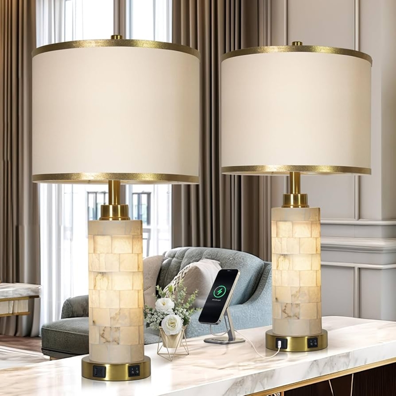 Modern Alabaster Table Lamps Set: Mosaic Base Nightlight, USB Ports