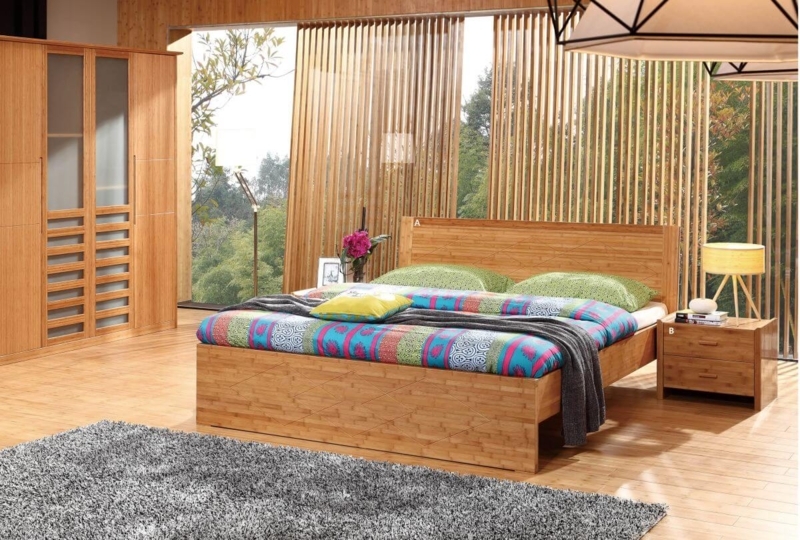 Modern Bamboo Bedroom Set with Slatted Wood Backdrop and Zen Style