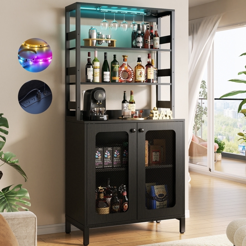 Modern Black Bar Cabinet with LED Lit Hutch & Power Outlets