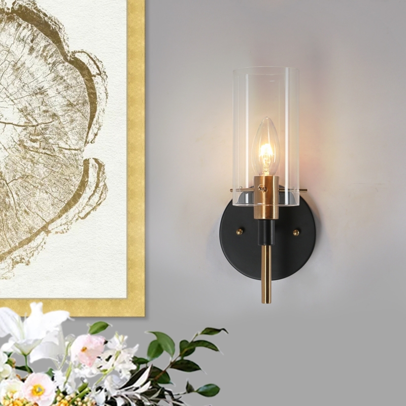 Modern Black Gold Sconce Mixed Metal Slender Stem Glass Shade