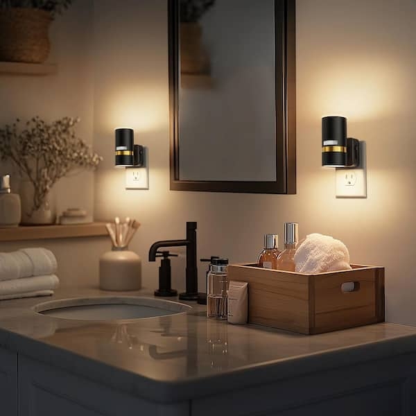 Modern Black Night Light Cylinder, Plug-In with Up-Down Lighting
