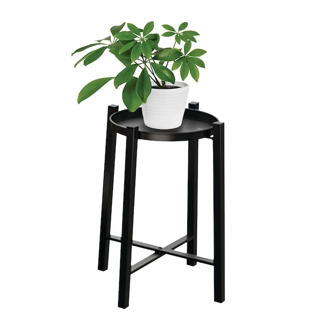 Modern Black Plant Stand with Rectangular Legs and Round Tray Top.