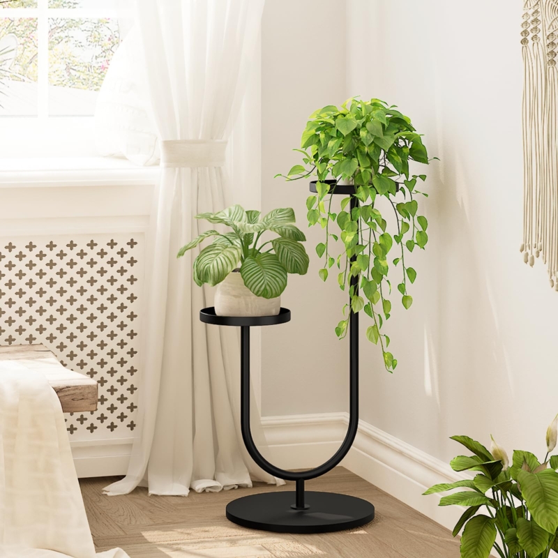 Modern Black Plant Stand with U-Shaped Frame and Asymmetrical Design.