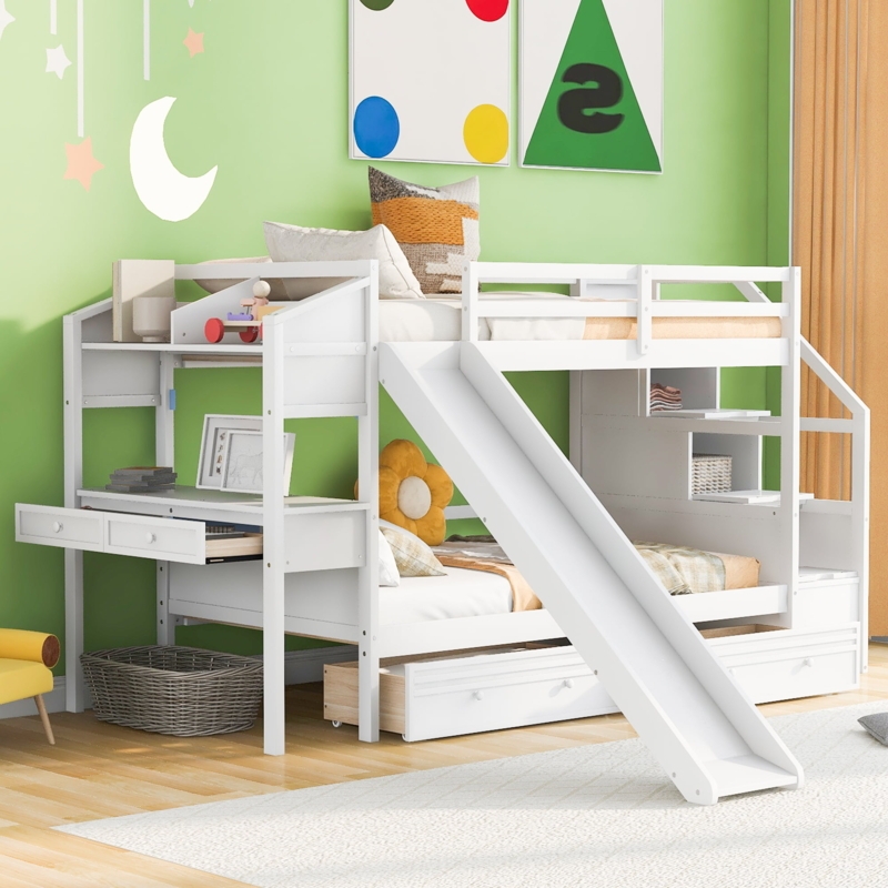 Modern Bunk Bed with Integrated Desk, Play Slide, and Storage Stairs