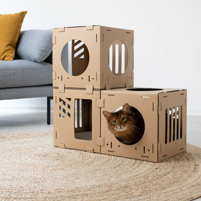 Modern Cat Condo Cubes featuring Vertical Slats and Interlocking Tabs
