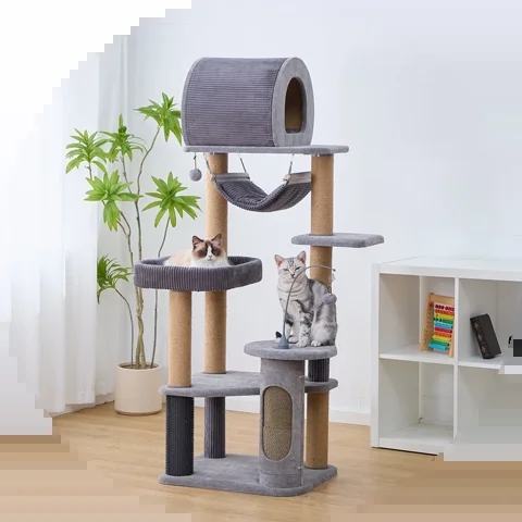 Modern Cat Tree featuring Ribbed Corduroy Texture & Tunnel