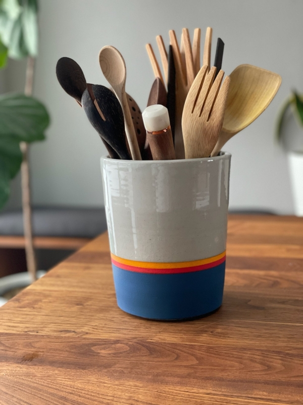 Modern Ceramic Utensil Holder, Navy and Gray with Orange Stripes