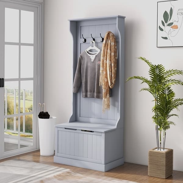 Modern Coastal Hall Tree: Gray Finish with Curved Sides and Bench