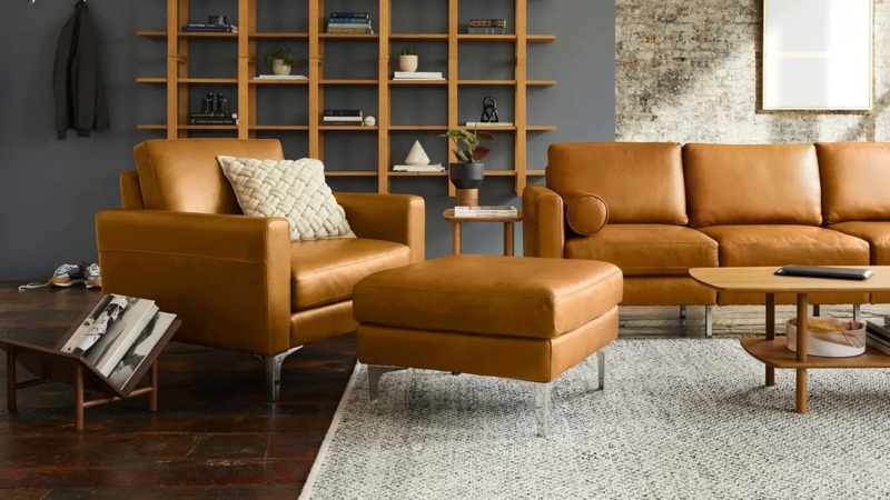 Modern Cognac Ottoman Rectangular Footstool with Polished Metal Legs