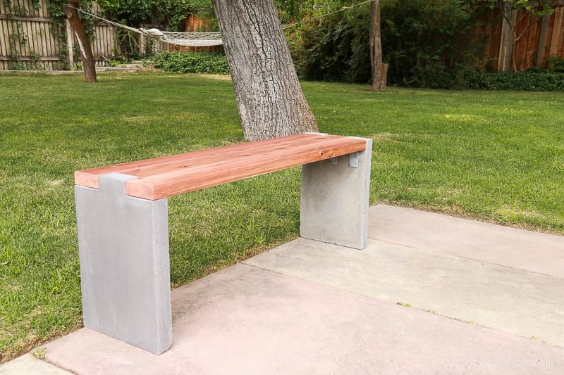 Modern Concrete Bench Redwood Slat Seat Slab Legs Industrial