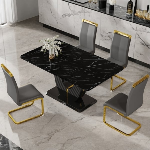 Modern Dining Set: Black Marble Pedestal, Gray Gold C-Frame Chairs