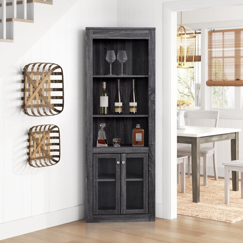 Modern Farmhouse Bar Hutch with Charcoal Wood Grain and Glass Inlay