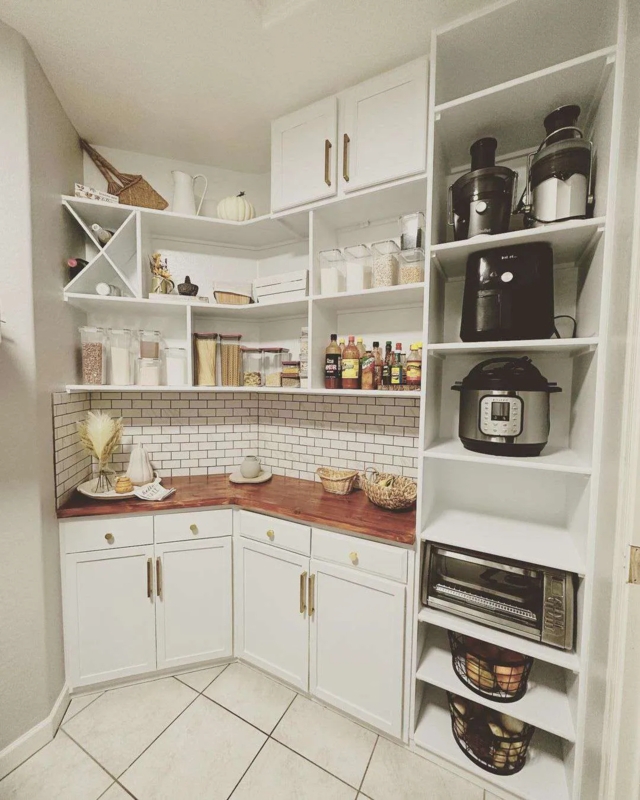 Modern Farmhouse Corner Pantry with Appliance Storage Cubbies