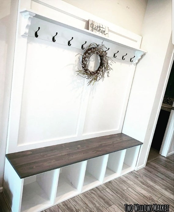 Modern Farmhouse Hall Tree: White & Walnut Finish with Five Cubby Base
