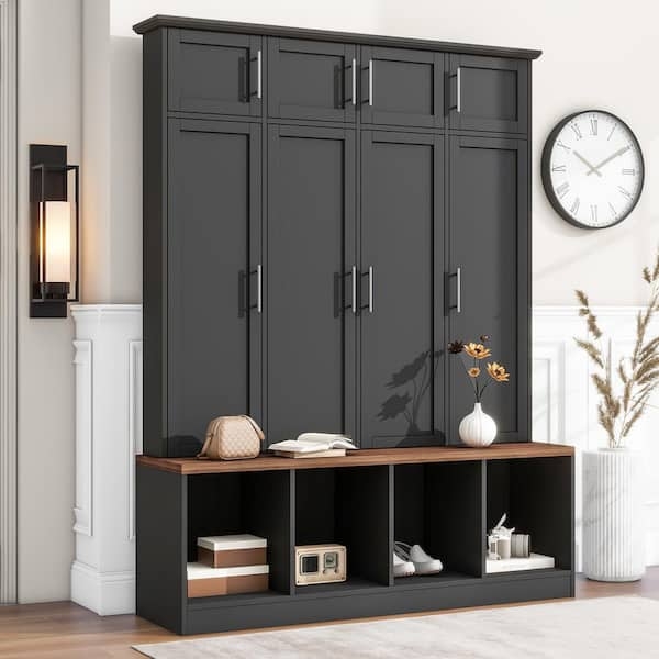 Modern Farmhouse Hall Tree with Overhead Cabinets and Shaker Doors
