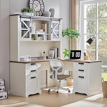 Modern Farmhouse L-Shaped Desk with Sliding Barn Doors on Hutch