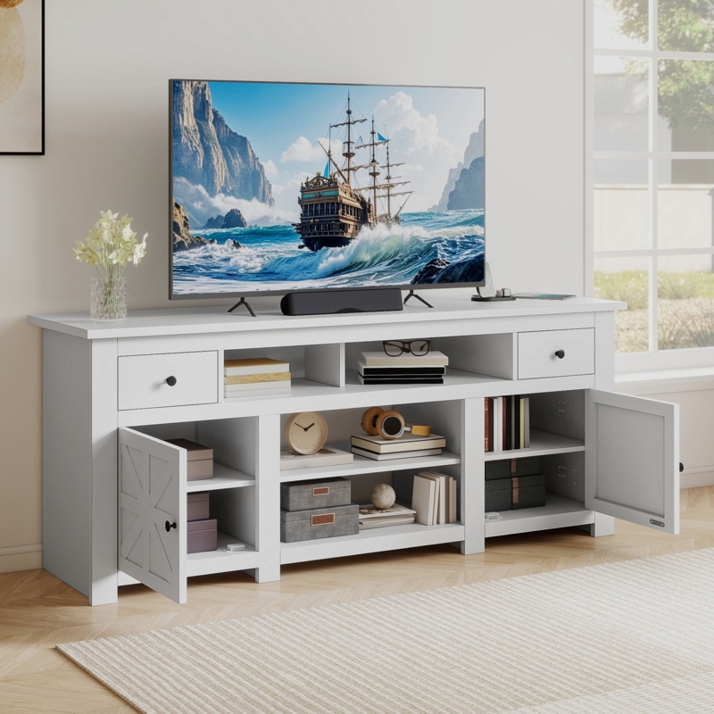 Modern Farmhouse TV Stand: Matte White, X-Frame Doors, Top Drawers.