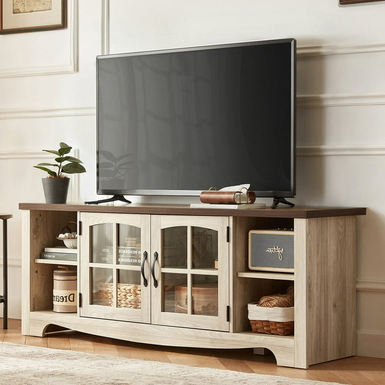 Modern Farmhouse TV Stand, Windowpane Doors & Curved Base Apron