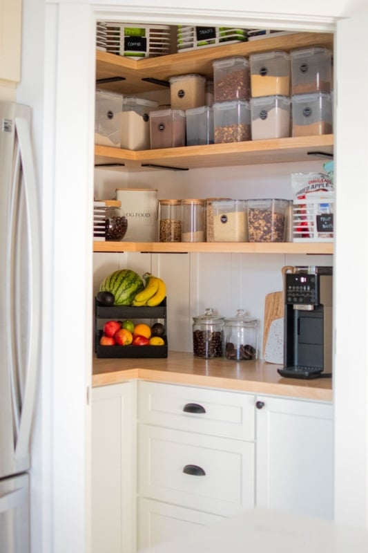 Modern Farmhouse Walk-In Pantry with Wood Countertop