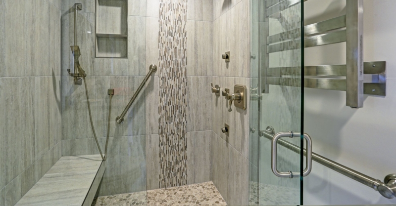 Modern Floating Shower Bench with Pebble Tile Texture