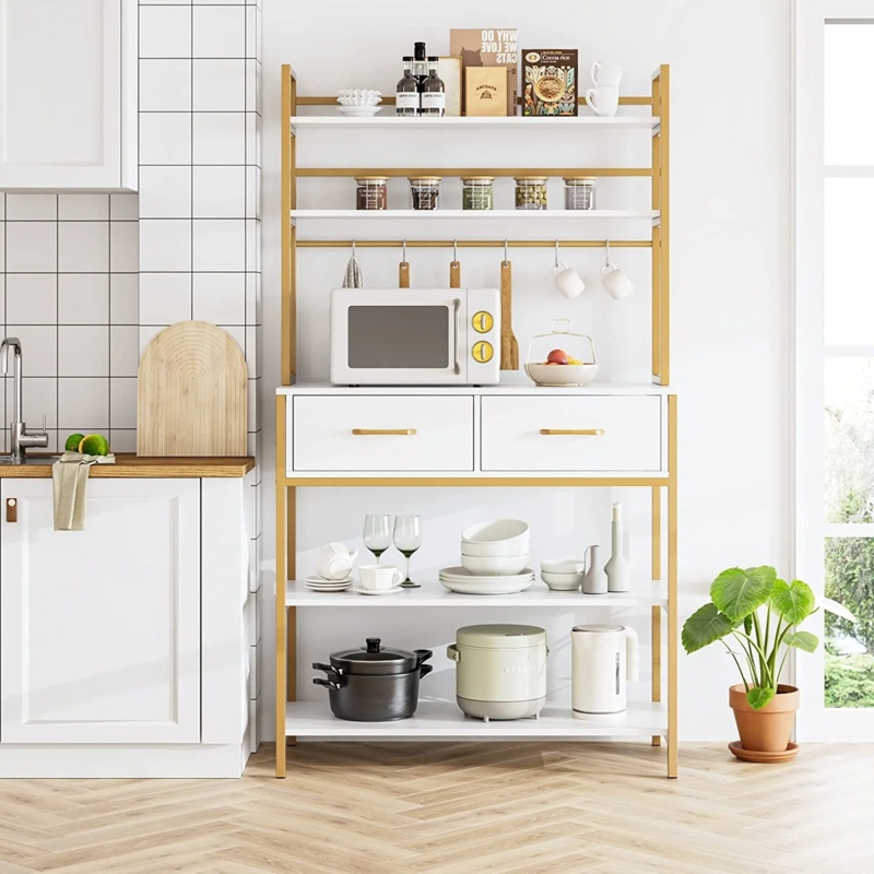 Modern Glam Bakers Rack with Gold Frame and Kitchen Storage Drawers