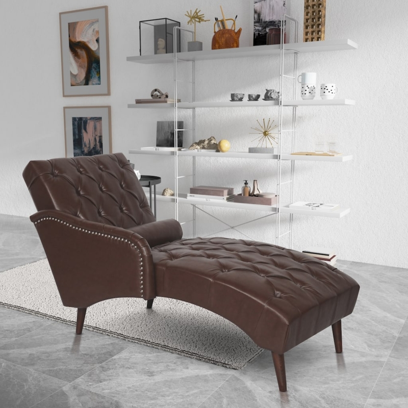 Modern Glam Chaise Lounge with Deep Diamond Tufting and Silver Studs