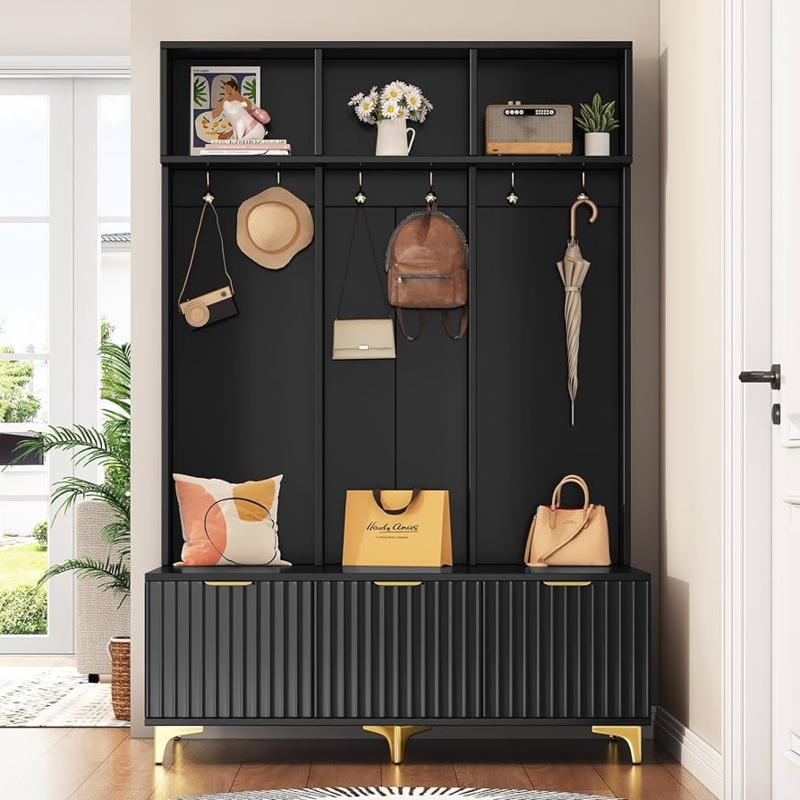 Modern Glam Hall Tree featuring Fluted Doors and Gold Tapered Legs
