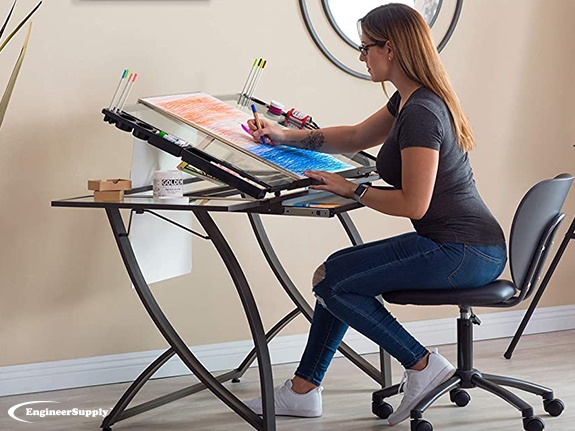 Modern Glass Drafting Table Set with Curved Metal Frame and Chair