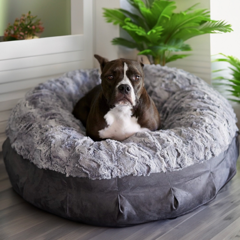 Modern Grey Dog Puff Bed with High Bolster Sides and Charcoal Faux Fur